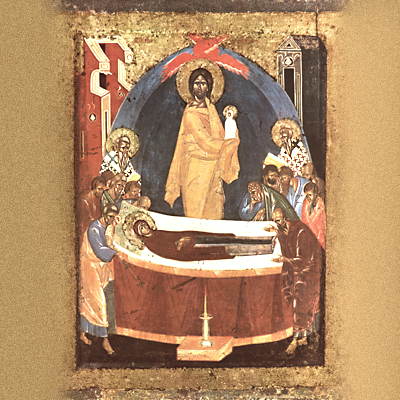 Успение Богородицы. Русская икона новгородской школы. Ок. 1380. Третьяковская галерея.